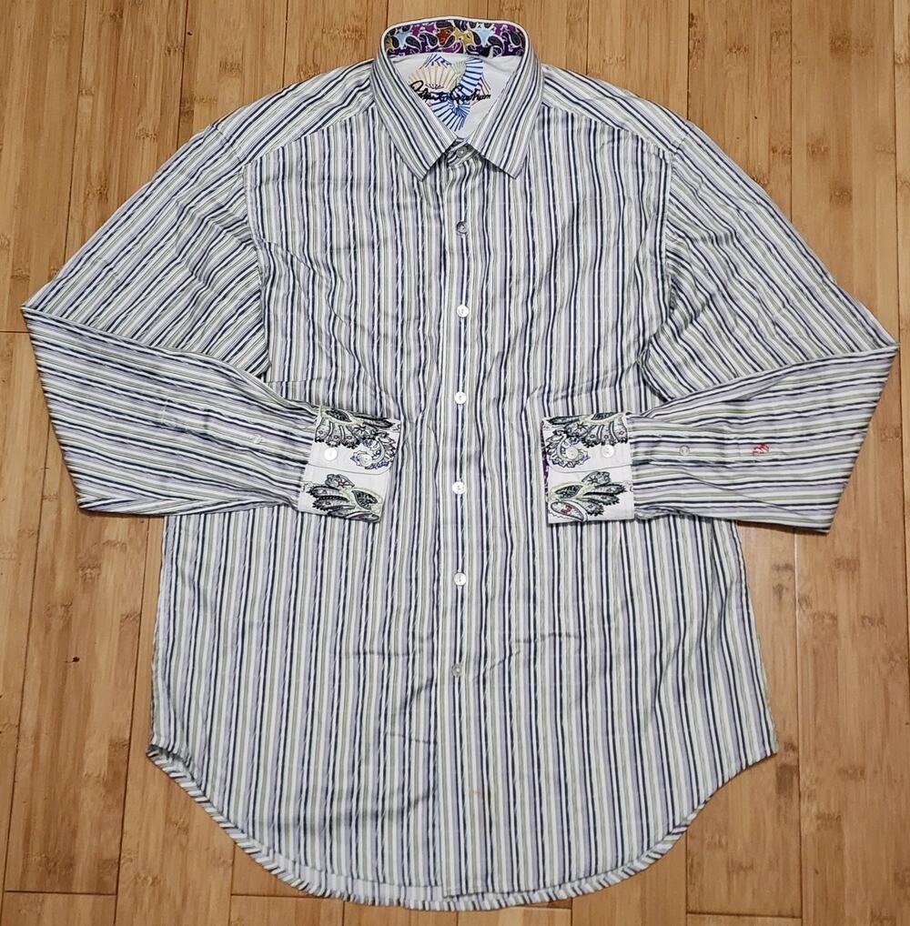 Robert Graham Shirt Mens M Paisley Multicolor Stripe Silk Floral Embroidery Trim